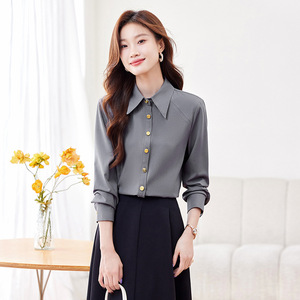 Women's Grey Chiffon Shirt Solid Color Long Sleeve Office Blouse Polyester Fabric Simple Design 2024 Korean Style - Product Image 4