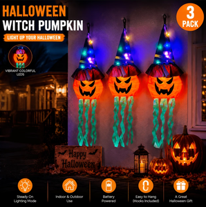 Luz LED con forma de sombrero de bruja, linterna colgante con forma de calabaza, funciona con pilas, decoración espeluznante de Halloween para patio, hogar, ventana, puerta - Product Image 1