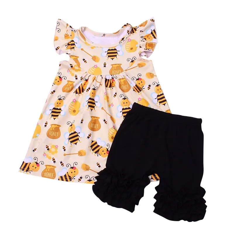 New mode 2020 ersten geburtstag outfits für baby mädchen nette gelbe biene druck rüsche shorts sets 2 stück top und hosen kleidung