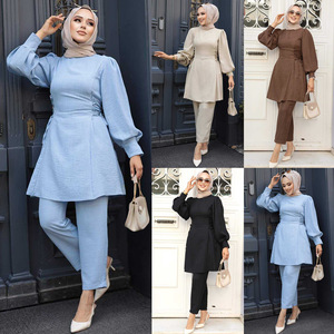 Traje Casual Musulmán Modesto para Mujer Árabe de Oriente Medio, Color Sólido, Top y Pantalón, Mangas Largas Ajustables - Product Image 2