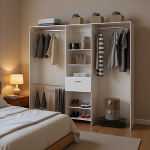 Armario Moderno con 2 Cajones, 3 Estantes, Barras Metálicas, Puertas con Bisagras, Mueble de Dormitorio Independiente, Color Blanco - Product Image 2