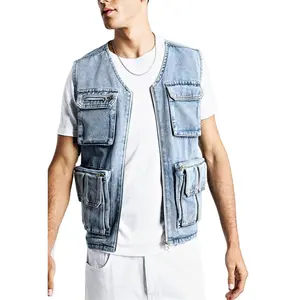 Sleeveless Vest Jacket Men Wholesale Multipocket Streetwear Fashion Men's Utility Denim Vest Homme Custom