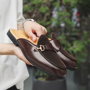 New Men's Comfortable Solid Summer Soft PU Wedding Shoes <b>Flat</b> Slip-On Backless Casual Mules Half Loafers Office & Career - Product Image 4