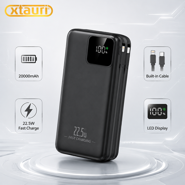 XTAURI 22.5W Fast Charging Ultra Slim Portable Power Bank 10000mAh with USB & Type-C Outputs Built-in Cable Li-Polymer Battery