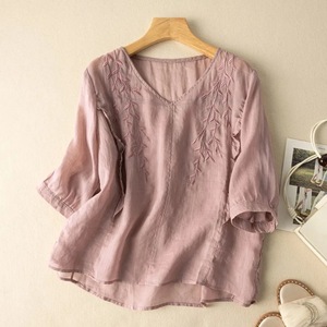 Women's Embroidered Cotton Linen Top Loose Fit Three Quarter Sleeves Vintage Style Casual Blouse Breathable Summer Wear - Product Image 1