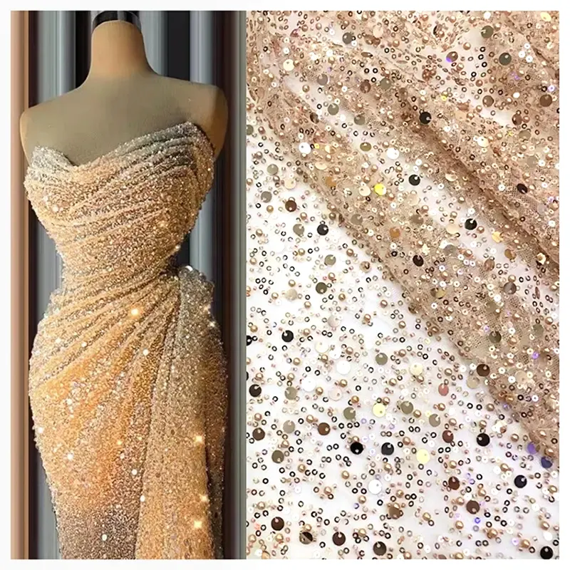 DELACE Cheap Golden Glitter Bridal Lace Fabric with Pearl 3D Beads Embroidery Crystal Sequins Lace Fabric for Wedding Dress