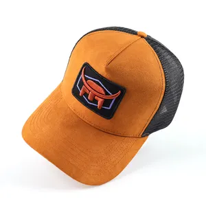 Oem tùy chỉnh thời trang 5 Bảng điều chỉnh chất lượng cao đồng bằng cong vành 3D thêu logo lưới Snap trở lại da lộn gorras da lộn Trucker Hat mũ