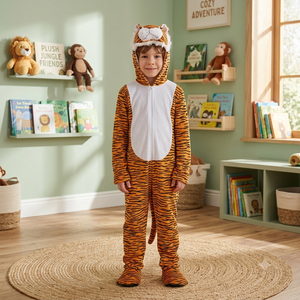 Schattig tijger-onesie kostuum voor kinderen met realistische capuchon & staart, pluche fleece pyjama met voetjes voor Halloween, meerdere maten - Product Image 1