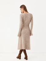 Robe midi élégante Joydressing beige en maille côtelée à col en V, manches longues évasées, simple boutonnage, moulante, OEM ODM