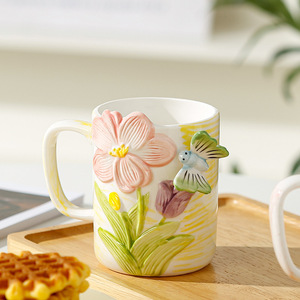 Hot Selling Embossed Flower and Butterfly Ceramic Mug Hand Painted Aesthetic Coffee Mug - Product Image 1