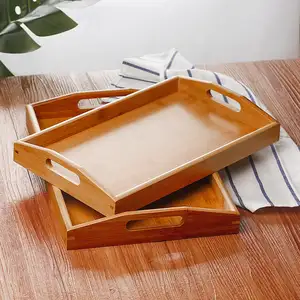 Bandeja de madeira maciça personalizada para café da manhã, bandeja retangular de bambu para chá e café da manhã, bandeja para servir em restaurantes