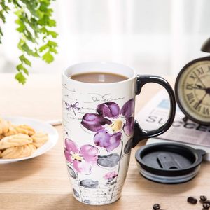 17 Onzas Taza de Viaje de Diseño Moderno, Tazas de Café Altas de Cerámica con Tapa Sellada, Color Morado con Flores, Caja para Regalos Empresariales - Product Image 3