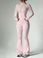 Conjunto de 2 piezas OEM personalizado para mujer: Chaqueta de manga larga con cremallera completa y cuello alto, pantalones acampanados de cintura alta con orificio para el pulgar, ajuste ceñido, atuendo casual.