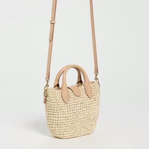 Custom Women Straw Bags Spring Summer Beach <b>Tote</b> Bag Woven Shoulder Purse Handbag <b>Raffia</b> Leather Trim Mini Bucket Embroidery - Product Image 3