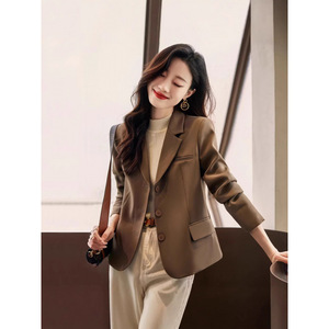 Women's Brown Blazer Solid Color Worsted Fabric Professional Top Petite Style With <b>Pocket</b> - Product Image 1