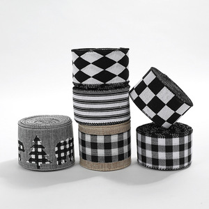 Ruban décoratif en lin imitation, noir et blanc, à carreaux, gaufré, 2 m, pour emballage cadeau, couronnes et nœuds, vente en gros - Product Image 2