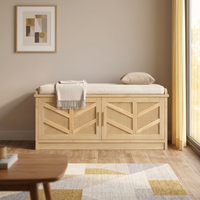 Banc de rangement style ferme avec portes de placard en cannage chevron, poignées dorées, coussin, siège d'entrée OEM ODM