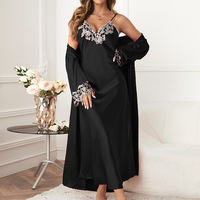 LISSE femmes Sexy brodé dentelle robe à bretelles Robe deux pièces ensemble femmes glace soie longue chemise de nuit à lacets peignoir
