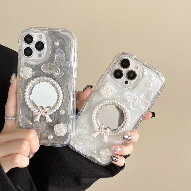 Luxury Pearl Butterfly Flower Bowknot Mirror Phone case for iPhone 11 12 13 14 15 16 Pro Max Woman Epoxy Protect Back Cover