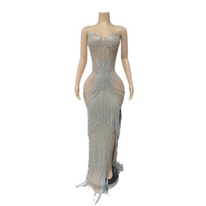 Abito da sera lungo di alta gamma con strass, ultra-trendy, <span class=keywords><strong>senza</strong></span> <span class=keywords><strong>spalline</strong></span>, con spacco alto e nappe, stile celebrità - Product Image 5