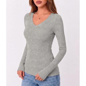 Camiseta básica ajustada de punto acanalado con cuello en V y manga larga para mujer, ropa informal para otoño - Product Image 5