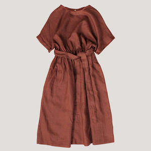 Robes pour femmes simples et personnalisées à col rond ceinture une pièce à manches courtes robes pour filles respirantes robes décontractées en lin ample - Product Image 3