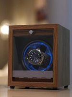 Boîte à remontoir de montre en bois, plusieurs positions, LED bleue, couvercle en verre transparent pour montre automatique, étui cadeau haut de gamme pour homme d'affaires