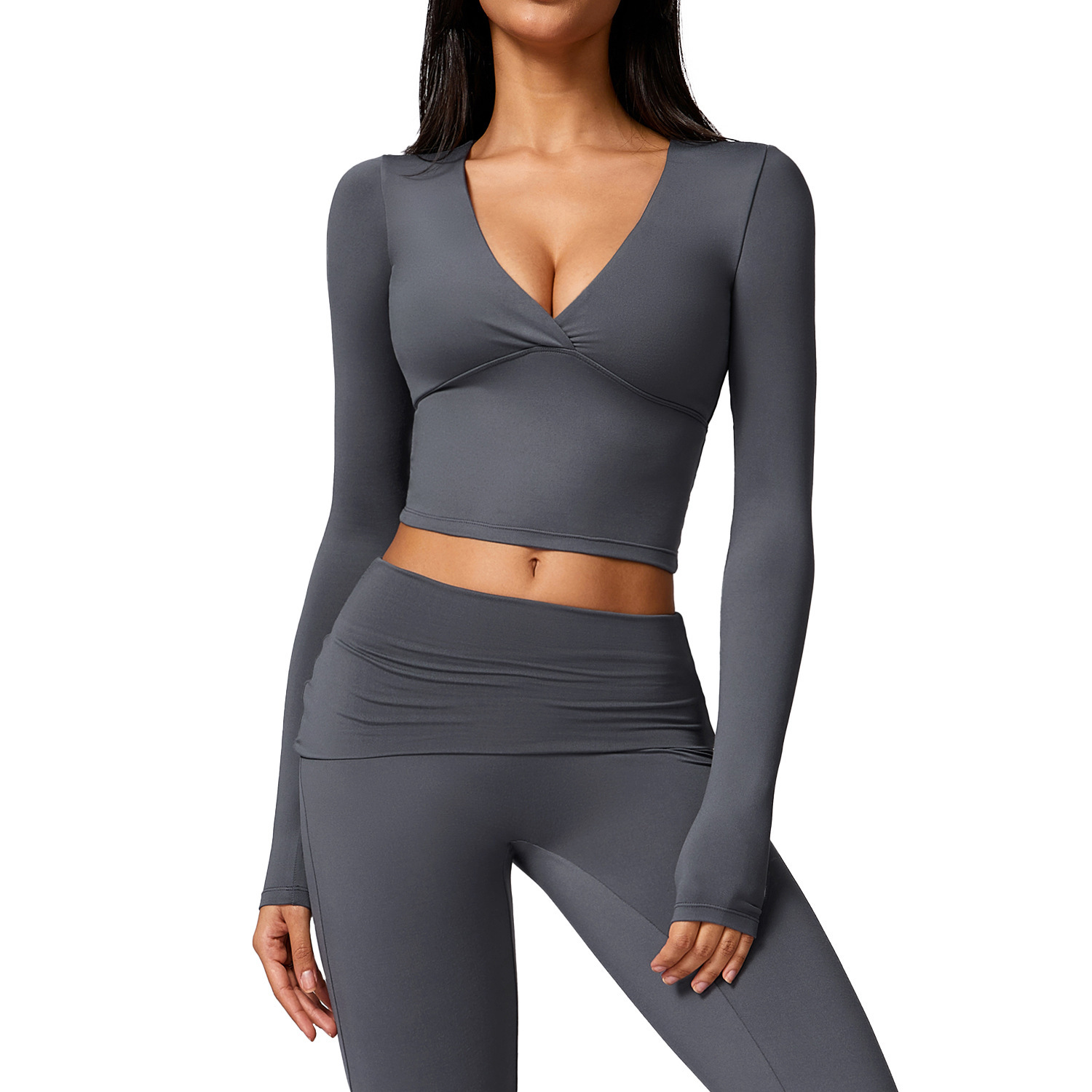 New Women's Deep V Sexy Leisure Sports Long Sleeve Top Tight Pure Want to Show Thin Yoga Clothing Outdoor Sports Fitness Clothes