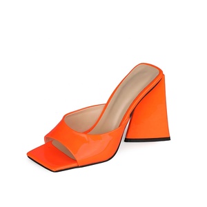 Solid Florescent Color Summer Heels Women Sexy Sandals on Chunky Heel Dress Shoes <b>Big</b> Size 45 Non - Product Image 3