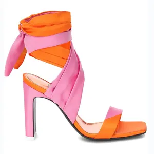 Sandálias de salto alto, femininas de luxo, sapatos de salto alto, laranja, cetim, tornozelo, bico quadrado