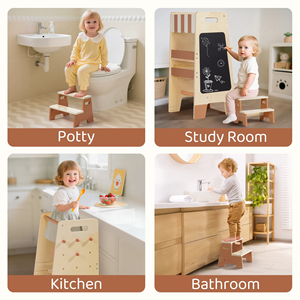 برج تعليمي خشبي مونتيسوري <span class=keywords><strong>2</strong></span> في 1 مع مجموعة كرسي بدرجات، قابل لتعديل الارتفاع، مساعد للأطفال الصغار في المطبخ والحمام - Product Image 4
