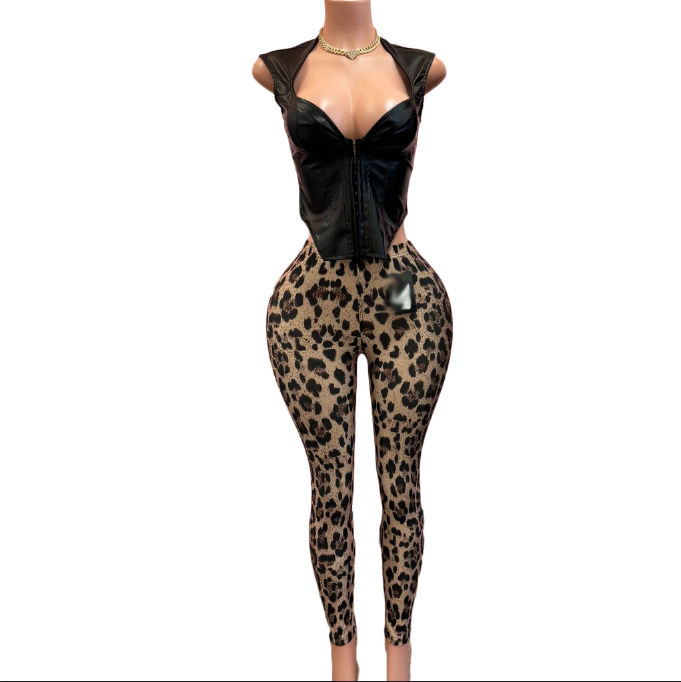 2025 Fashion Women 2 Piece Short Sleeve Top + Bodycon Leopard Legging Streetwear Two Piece Matching Outfits