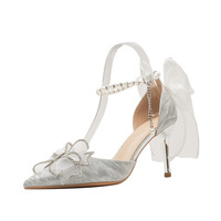 Chaussures de mariée à talons hauts tendance et sexy pour femmes, collection automne-été, décontractées, avec fermeture auto-agrippante et nœud rehaussant la taille