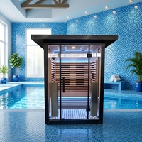 Sauna extérieur moderne en pin avec panneau de commande électronique, verre panoramique et chauffage à vapeur humide pour villa et jardin