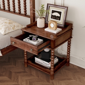 Retro Style Nightstand with Drawer and Open <b>Shelf</b> Walnut Bedside Table Turned Legs Metal Handle Bedroom Furniture - Product Image 2