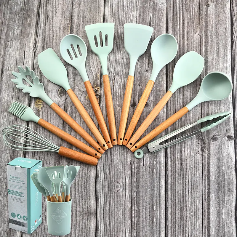 food grade non-stick 12pcs kitchen appliances wooden handle kitchenware silicone kitchen utensils set