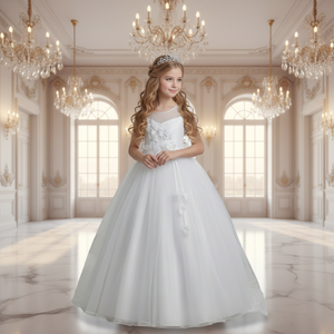 Vestido de Fiesta Blanco 2026 <span class=keywords><strong>para</strong></span> Niñas, con Cuello Ilusión y Flores 3D, Vestido Formal <span class=keywords><strong>para</strong></span> Niñas, Vestido de Dama de Honor <span class=keywords><strong>para</strong></span> Boda, <span class=keywords><strong>Primera</strong></span> Comunión - Product Image 1