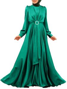 Vestido Largo Modesto con Mangas Abullonadas, Diseño de Tirantes Cruzados, Cintura Natural, Estilo Simple Ecológico, Color Sólido para Dubái, Musulmán, <span class=keywords><strong>Cabaya</strong></span> - Product Image 4