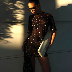 Polka Dot Women's Short Skirt O-Neck Translucent Pleated Wrap Tie-Up Cocktail Dress Natural Waistline Yiwu Origin - Product Image 3