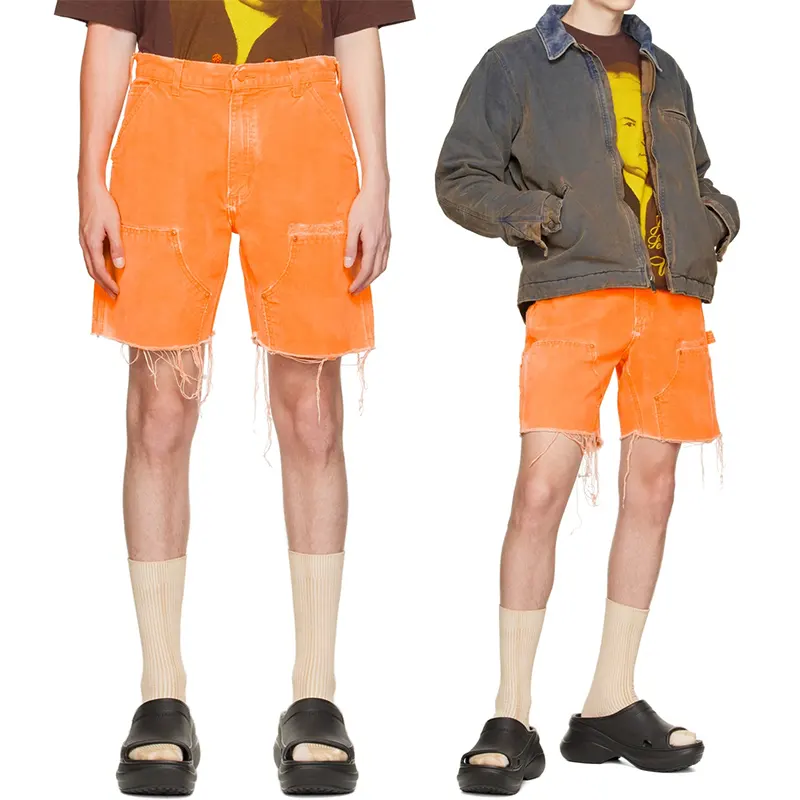 Custom Fashion Street Wear Frayed Edge Orange Paneled Denim Shorts Men 100% Cotton Carpenters Jean Shorts