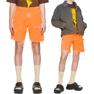 Модные уличные мужские джинсовые шорты на заказ с потертостями по краям, с оранжевыми панелями, 100% хлопок, джинсовые шорты для столярных работ