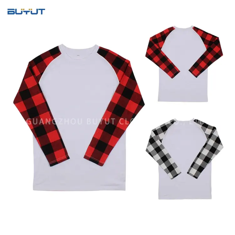 Blank T-shirt Design Design Christmas Unisex Raglan Casual T-shirts Sublimation Blank Cotton Feel Long Sleeves Buffalo Plaid Shirt Loose Fitting Tops