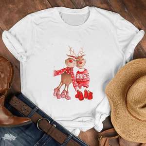 Vendita diretta della fabbrica estate Vintage retrò <span class=keywords><strong>donna</strong></span> O-College oversize <span class=keywords><strong>t</strong></span>-<span class=keywords><strong>shirt</strong></span> tema natalizio stampato con decorazione a bottone - Product Image 5