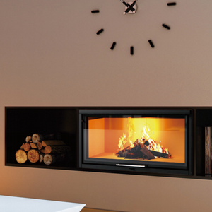 Stufa <span class=keywords><strong>a</strong></span> Gas e <span class=keywords><strong>Legna</strong></span> in Ghisa dal Design Moderno, Autoportante con Vano Porta <span class=keywords><strong>Legna</strong></span> per Ville - Product Image 5