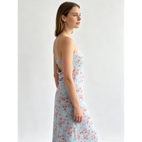Robe longue en mousseline de soie bleu clair à imprimé floral numérique, sans bretelles, avec taille naturelle, pour femme, idéale pour les soirées et les fêtes, lavable