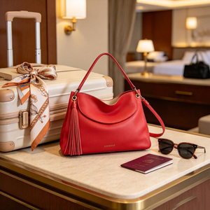 Sac à bandoulière en cuir souple rouge pour femmes, avec décorations en pompon, sangle détachable, sac à main pour soirée - Product Image 1