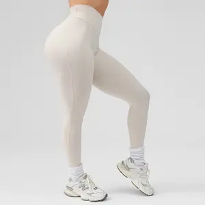 Calça esportiva feminina de cintura alta spandex com logotipo personalizado, calça fitness para treino de academia, leggings para ioga e levantamento de bunda, moda de 2024