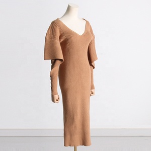 OUDINA Nuovo Stile Abiti Semplici con Scollo a V, Design a Maniche Lunghe Irregolari, Vestito in Maglia con Vita Elasticizzata per Donne - Product Image 4