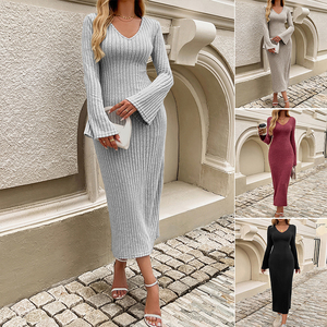 Nouvelle Robe Longue Décontractée Femme Automne Hiver Style Européen Fendue Manches Longues Couleur Unie Vêtements Féminins - Product Image 2