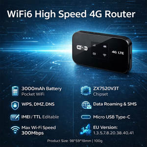 Roteador DNXT 4G com Cartão SIM, Roteador Wi-Fi 4G, Dispositivo Wi-Fi Portátil 4G, 3000mAh, WPS, WiFi6, 300Mbps, USB, LED para Uso Externo - Product Image 2